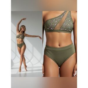 AA dance competition contemporary costume 2 piece olive green custom crystal XSA